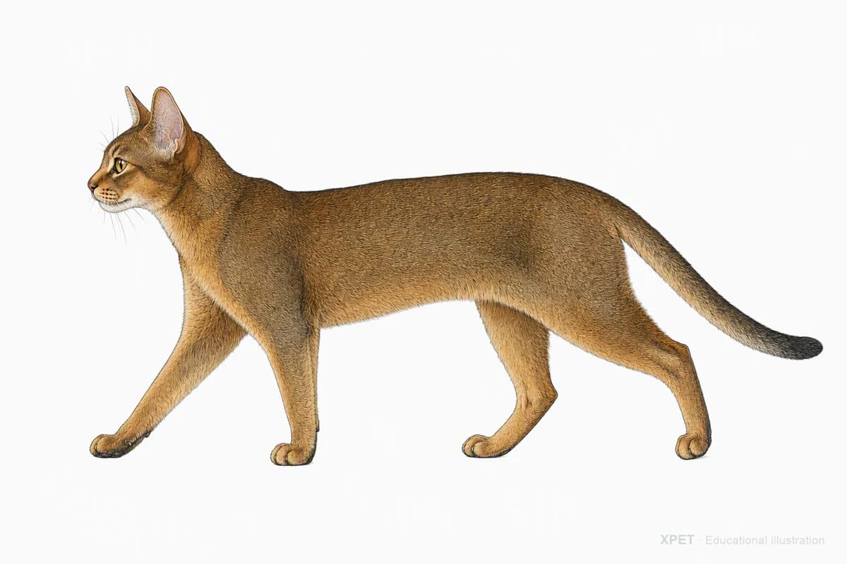 Original XPET engraving and watercolor illustration of Abyssinian: a natural movement study.