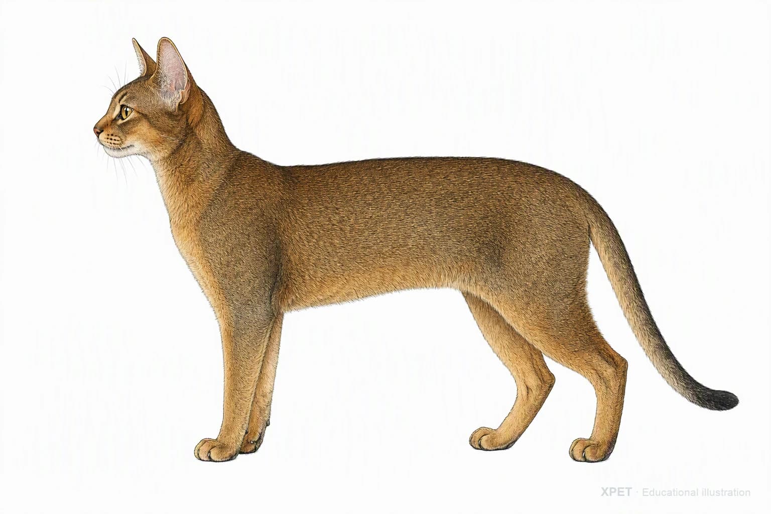 Original XPET engraving and watercolor illustration of Abyssinian: an adult in left-facing profile.