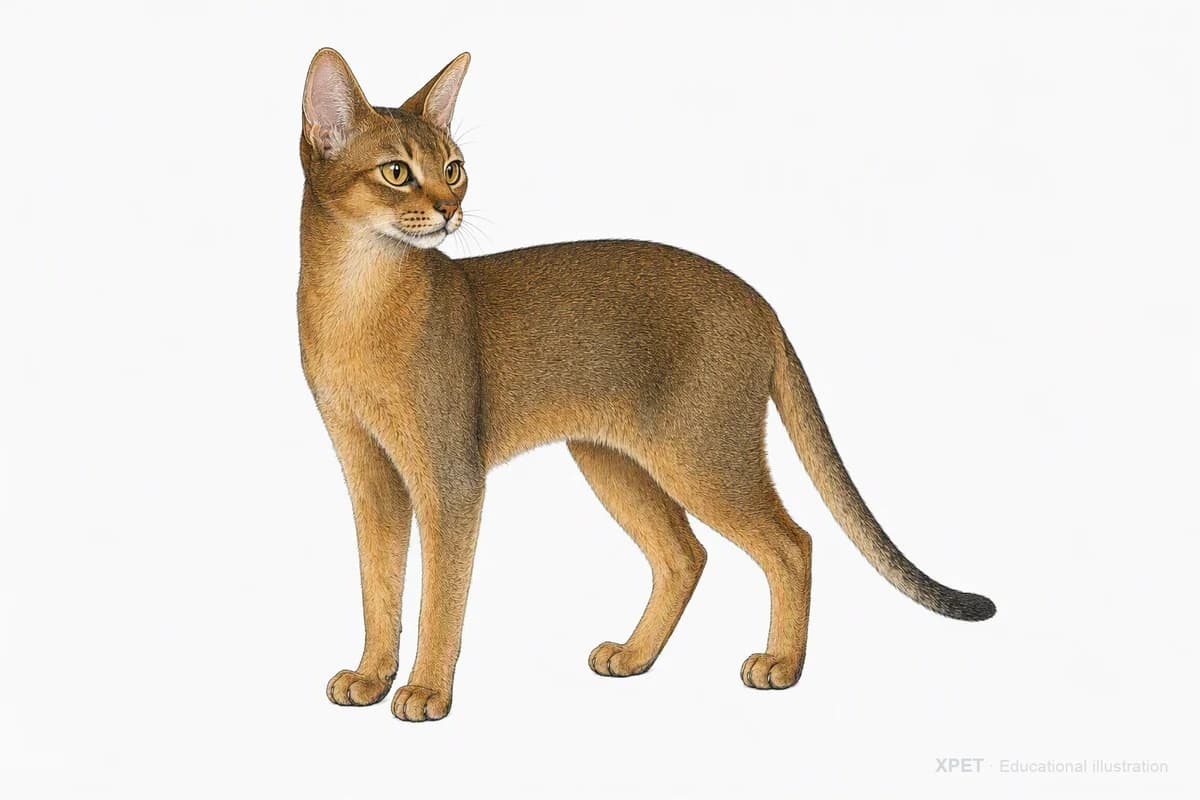 Original XPET engraving and watercolor illustration of Abyssinian: a complete three-quarter standing view.