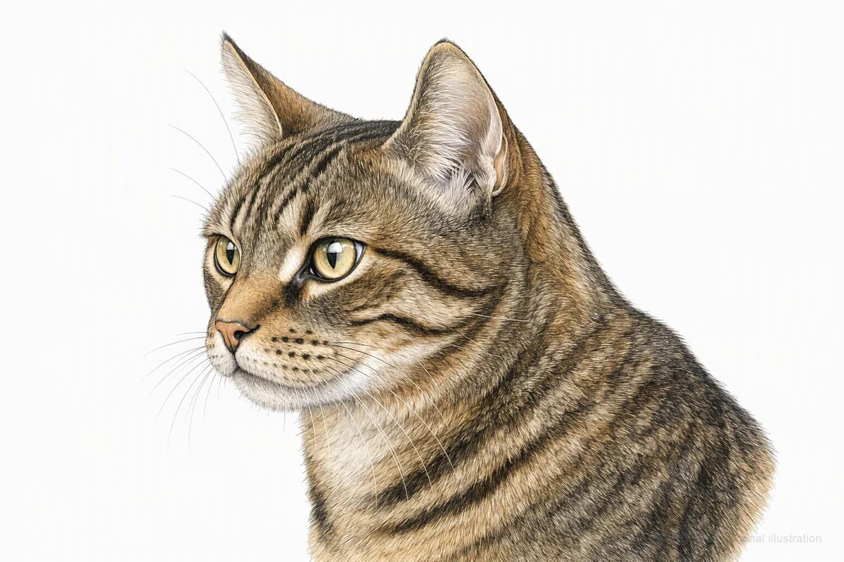 Original XPET engraving and watercolor illustration of American Bobtail: a head and coat detail study.