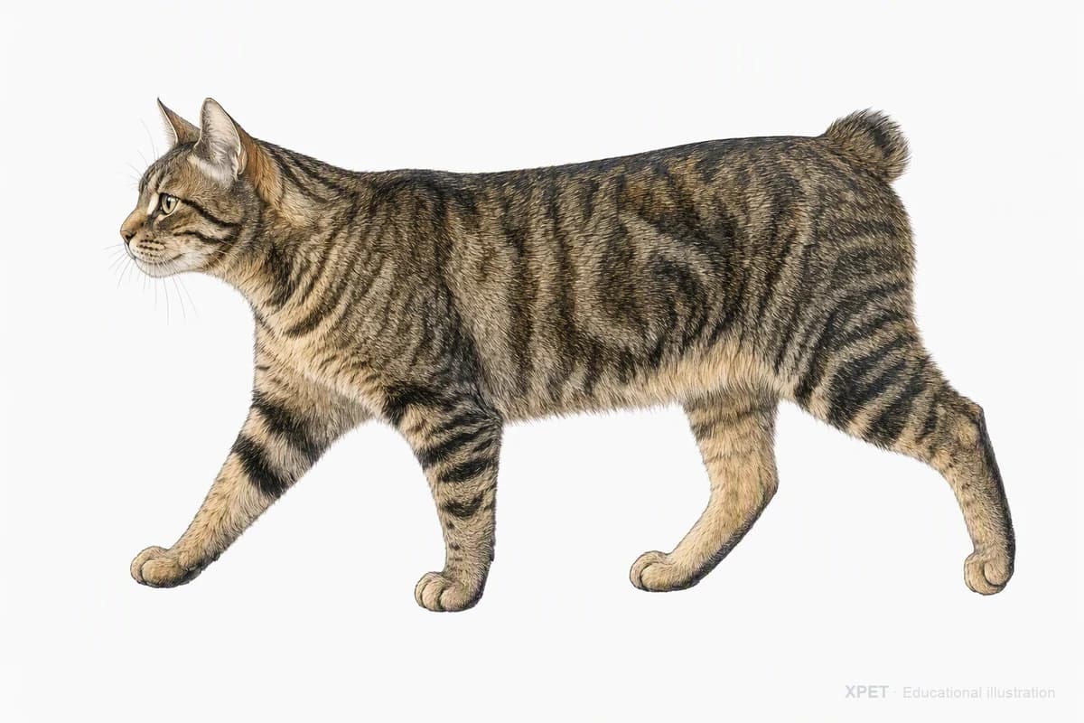 Original XPET engraving and watercolor illustration of American Bobtail: a natural movement study.