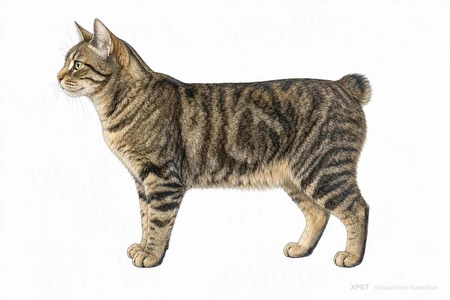 Original XPET engraving and watercolor illustration of American Bobtail: an adult in left-facing profile.