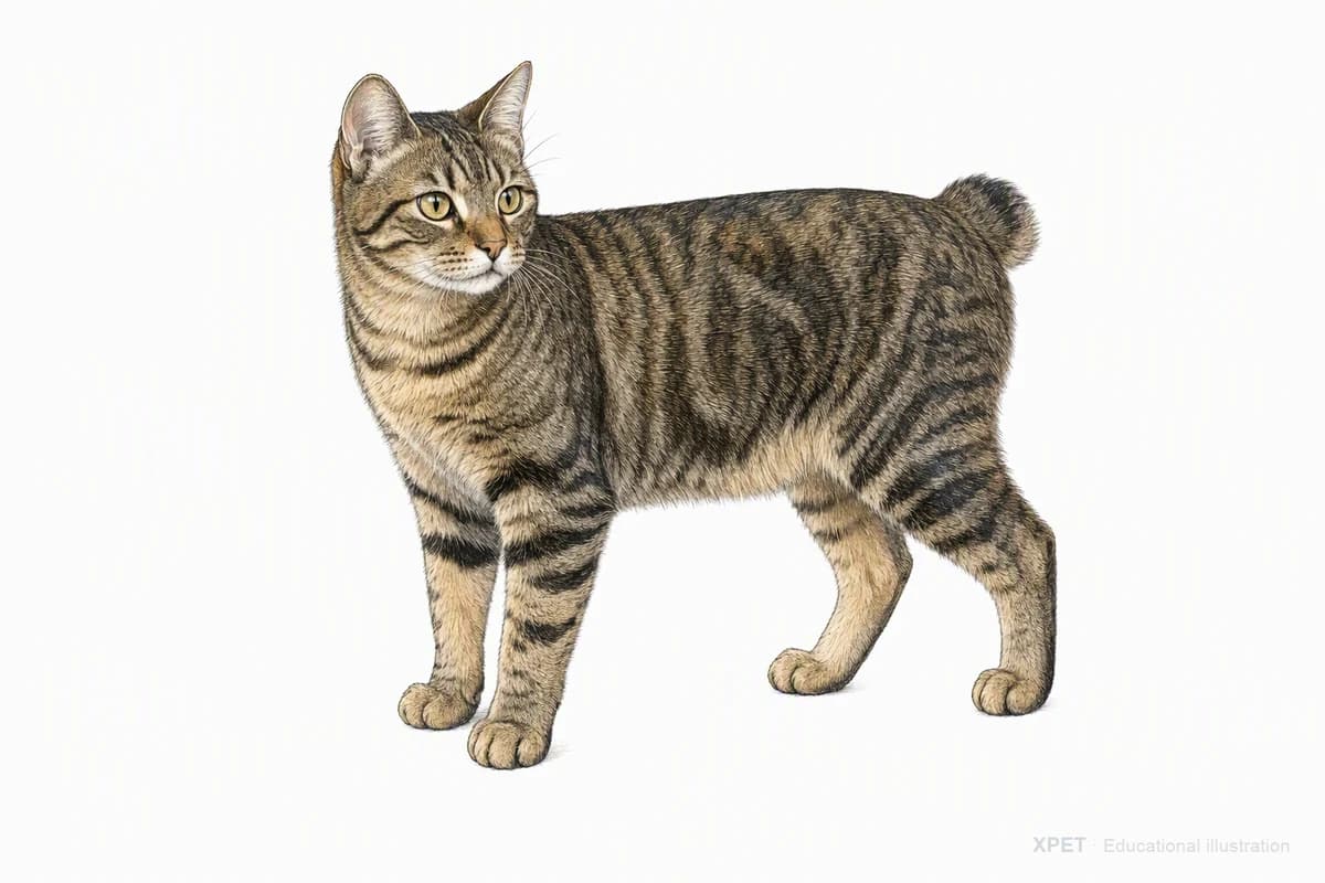 Original XPET engraving and watercolor illustration of American Bobtail: a complete three-quarter standing view.