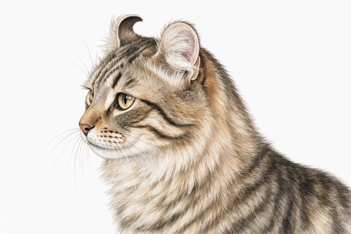 Original XPET engraving and watercolor illustration of American Curl: a head and coat detail study.