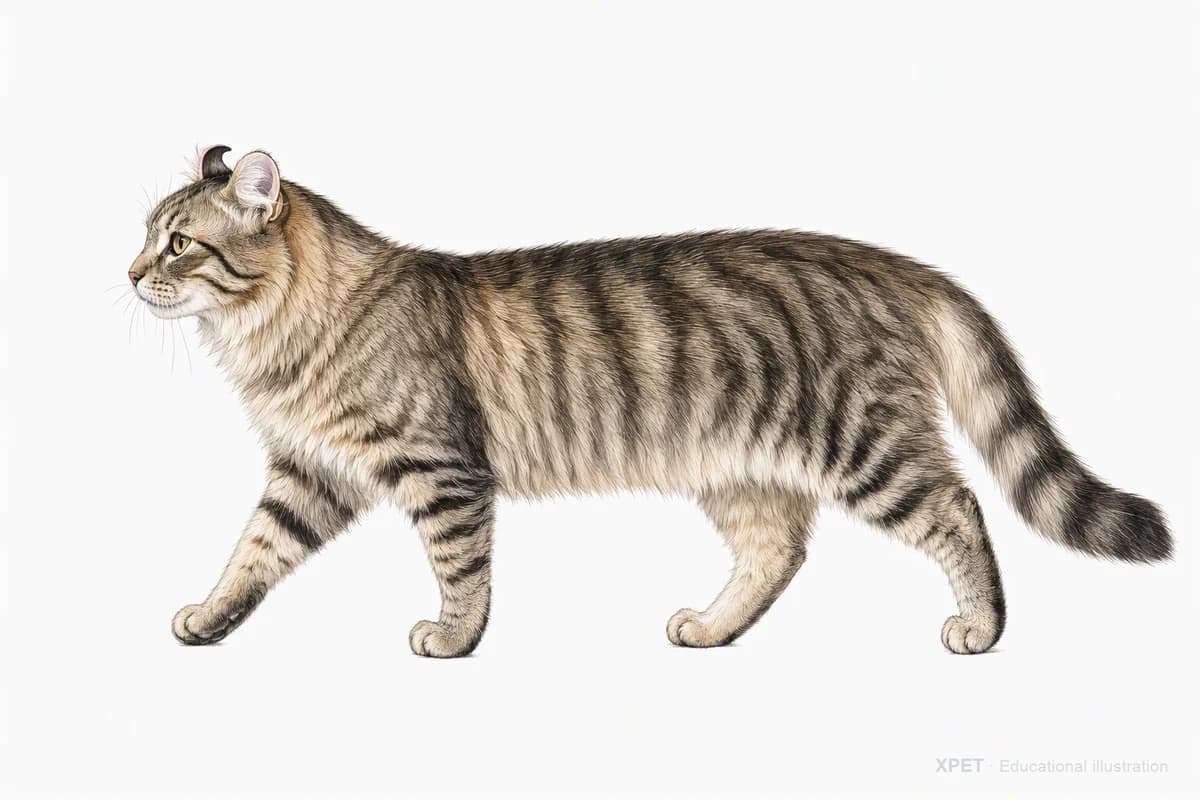 Original XPET engraving and watercolor illustration of American Curl: a natural movement study.