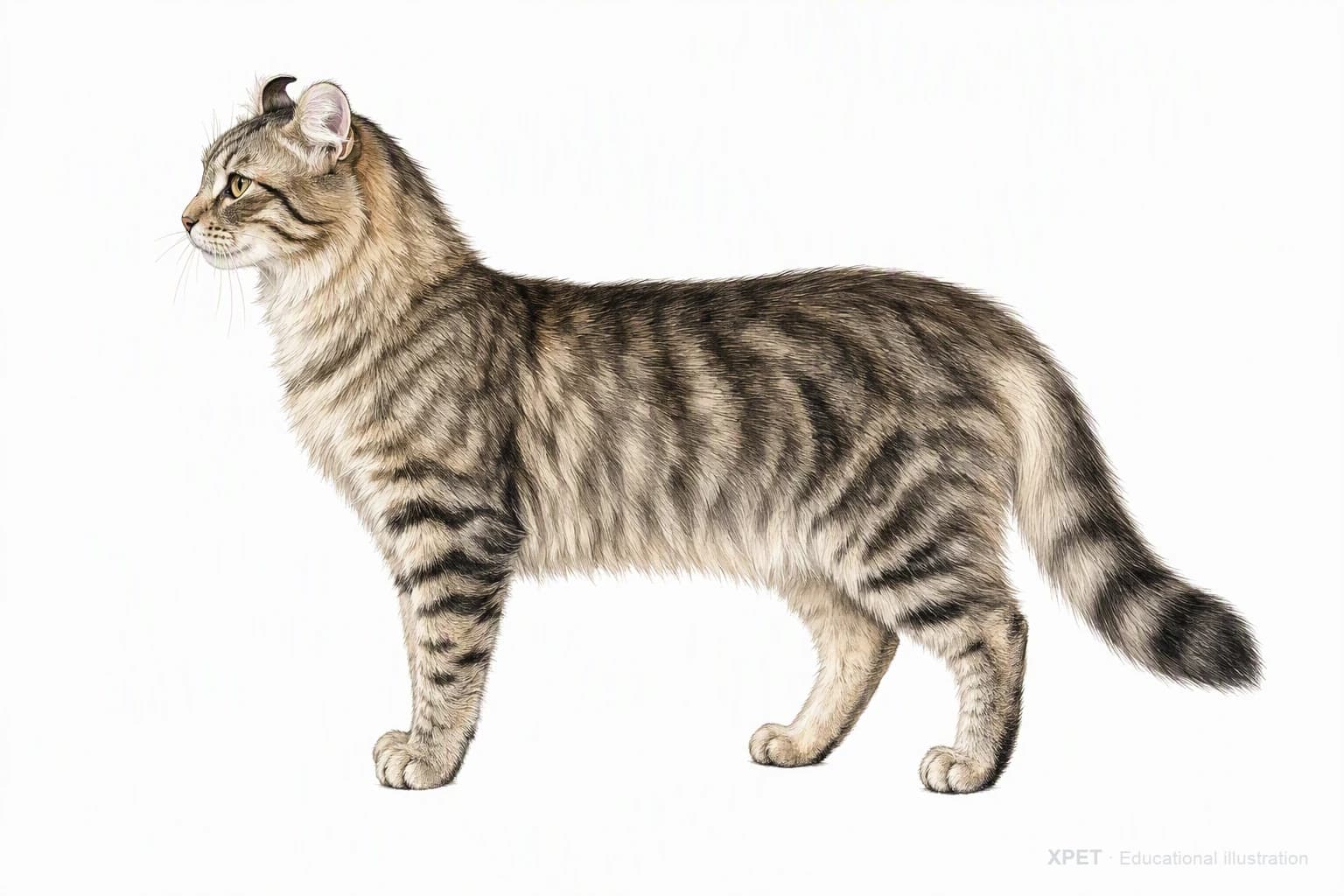 Original XPET engraving and watercolor illustration of American Curl: an adult in left-facing profile.