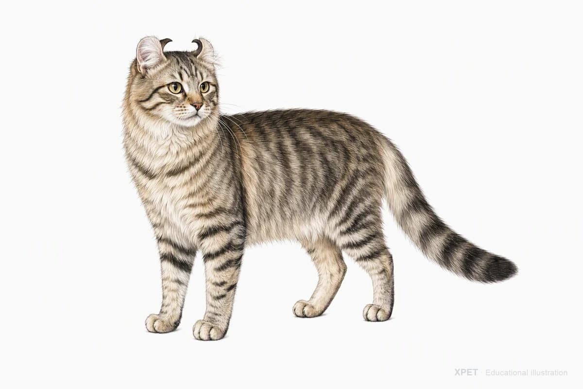 Original XPET engraving and watercolor illustration of American Curl: a complete three-quarter standing view.