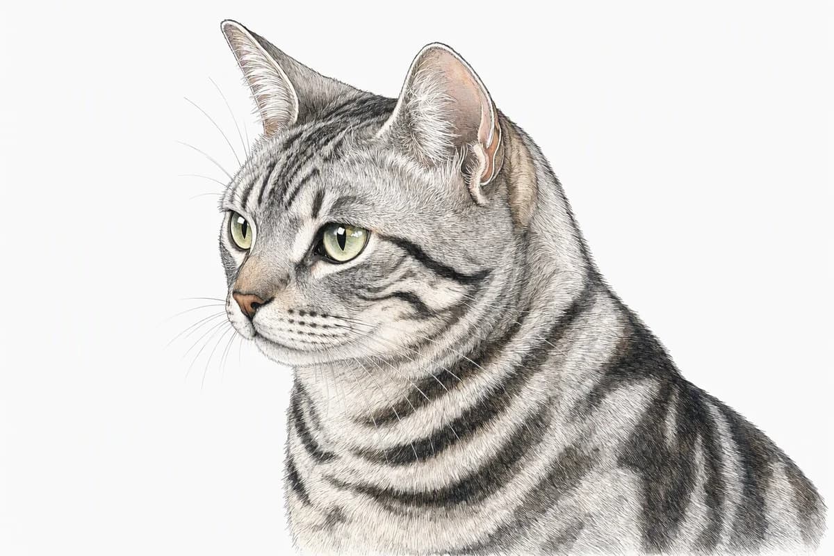 Original XPET engraving and watercolor illustration of American Shorthair: a head and coat detail study.