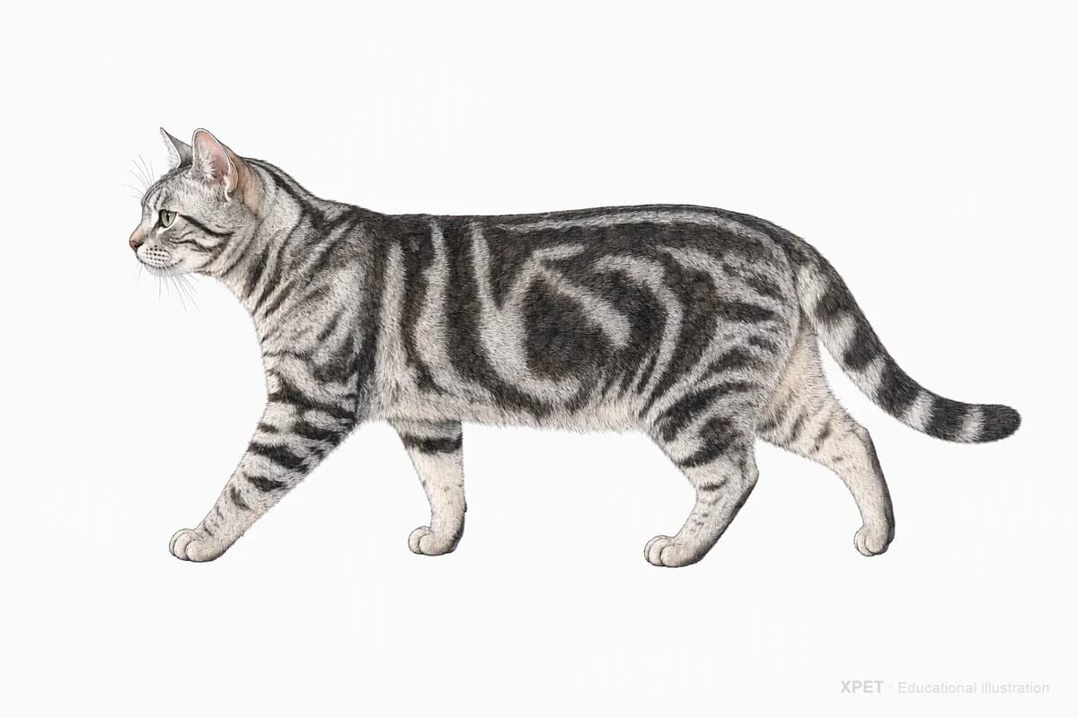 Original XPET engraving and watercolor illustration of American Shorthair: a natural movement study.