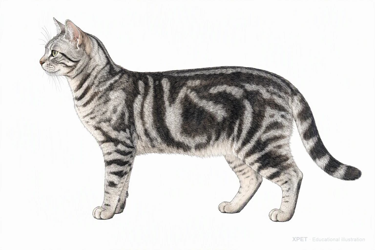 Original XPET engraving and watercolor illustration of American Shorthair: an adult in left-facing profile.