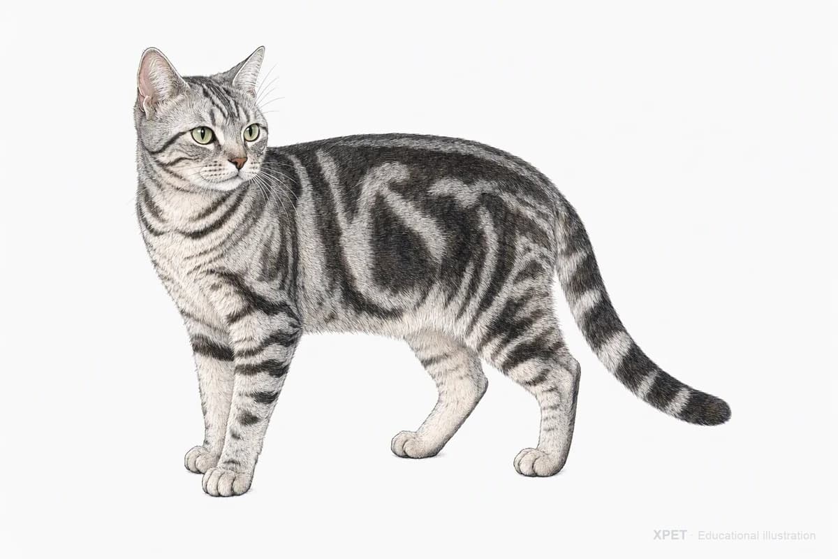 Original XPET engraving and watercolor illustration of American Shorthair: a complete three-quarter standing view.