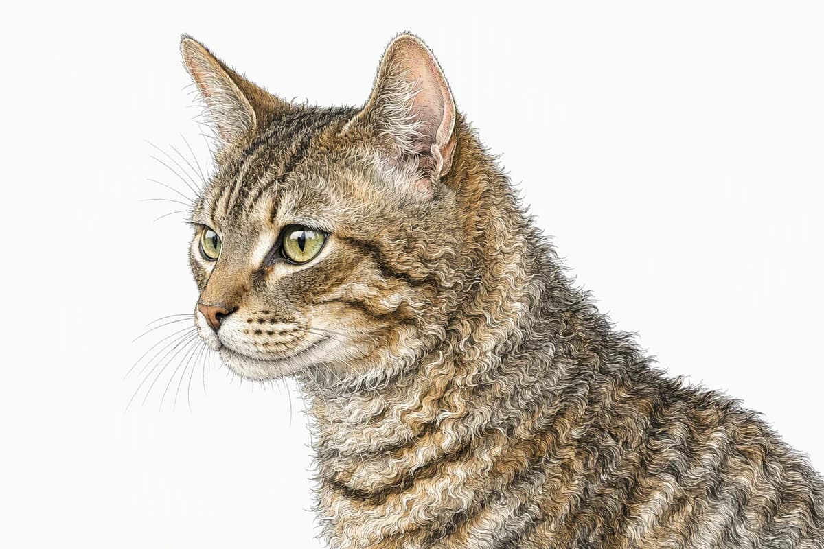Original XPET engraving and watercolor illustration of American Wirehair: a head and coat detail study.