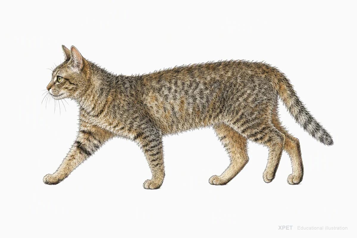Original XPET engraving and watercolor illustration of American Wirehair: a natural movement study.