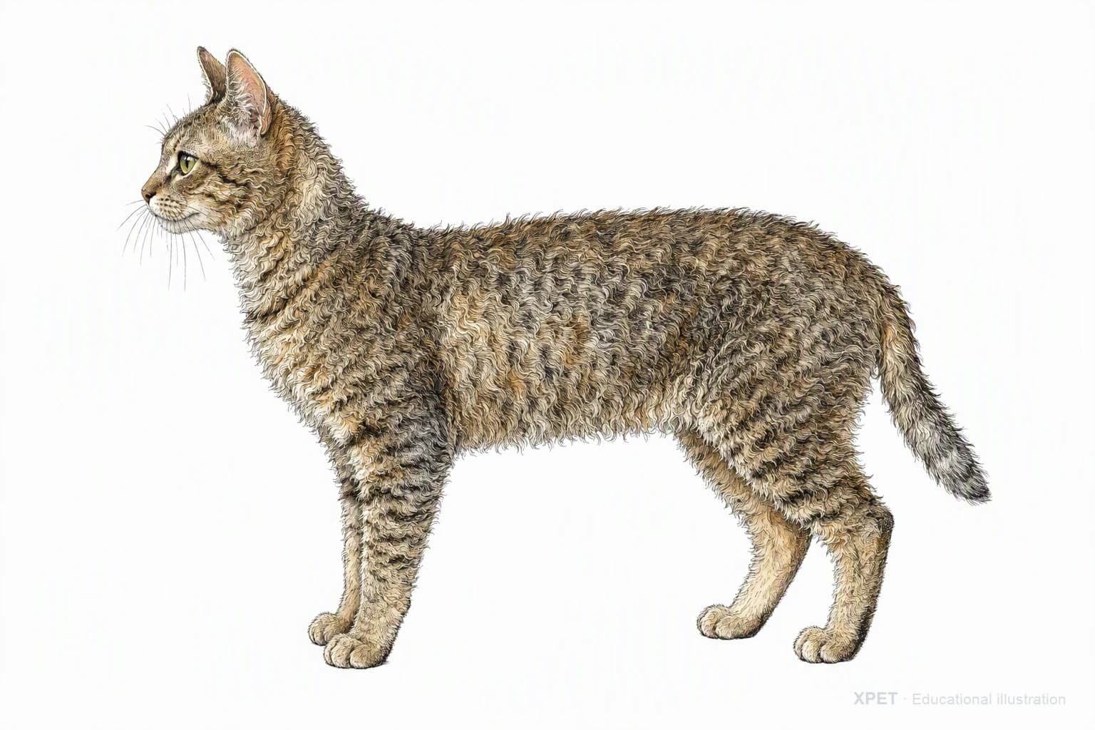 Original XPET engraving and watercolor illustration of American Wirehair: an adult in left-facing profile.