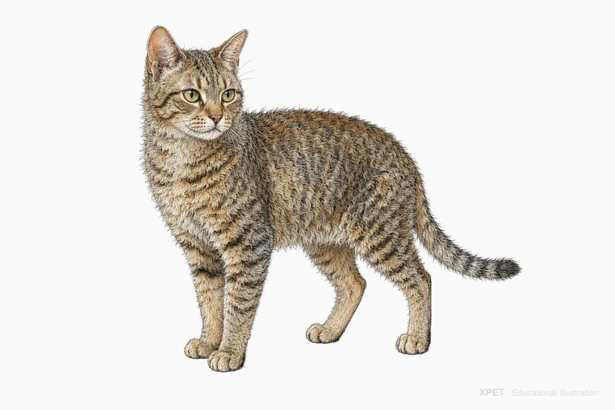 Original XPET engraving and watercolor illustration of American Wirehair: a complete three-quarter standing view.