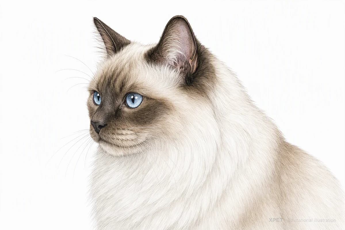 Original XPET engraving and watercolor illustration of Birman: a head and coat detail study.