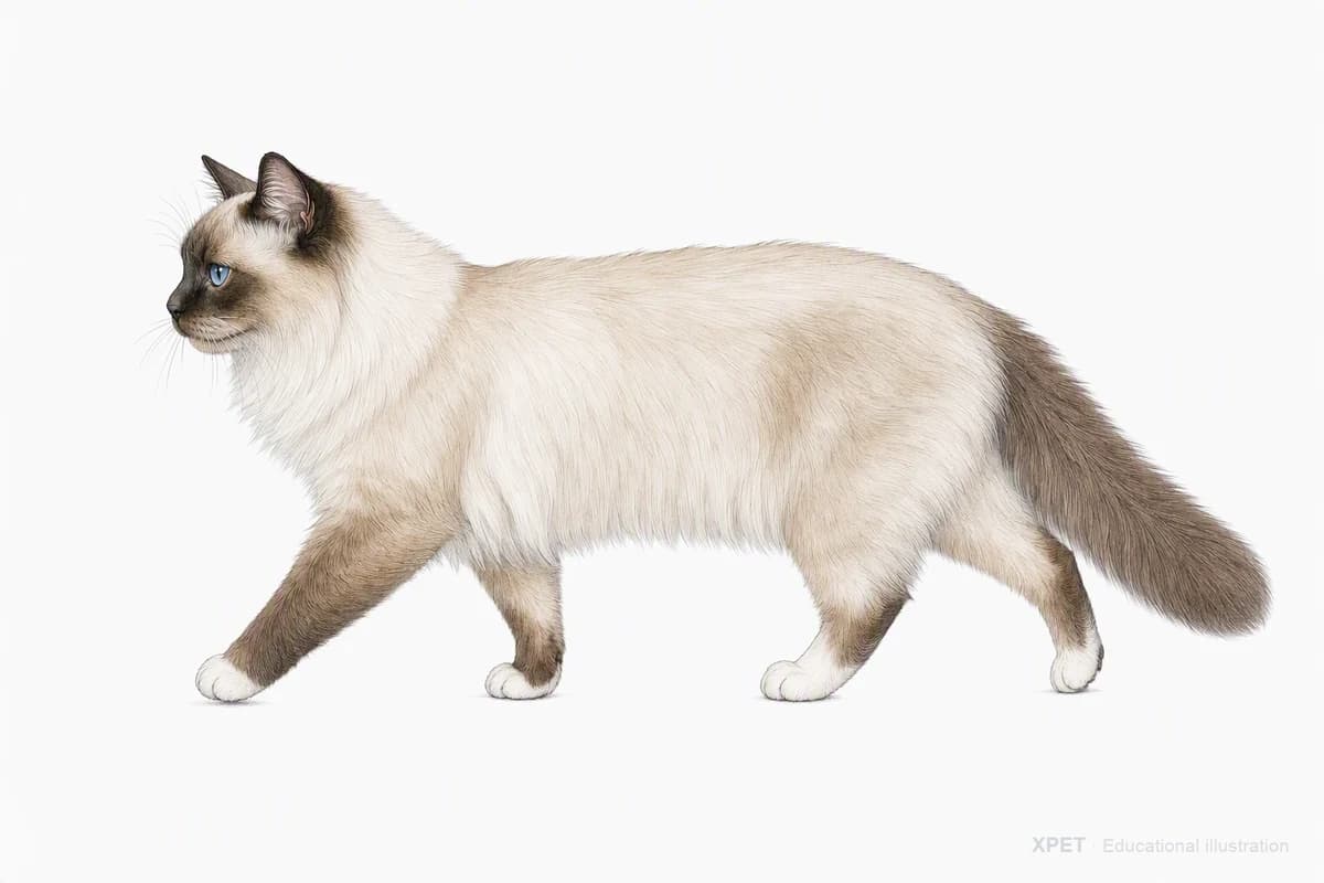 Original XPET engraving and watercolor illustration of Birman: a natural movement study.