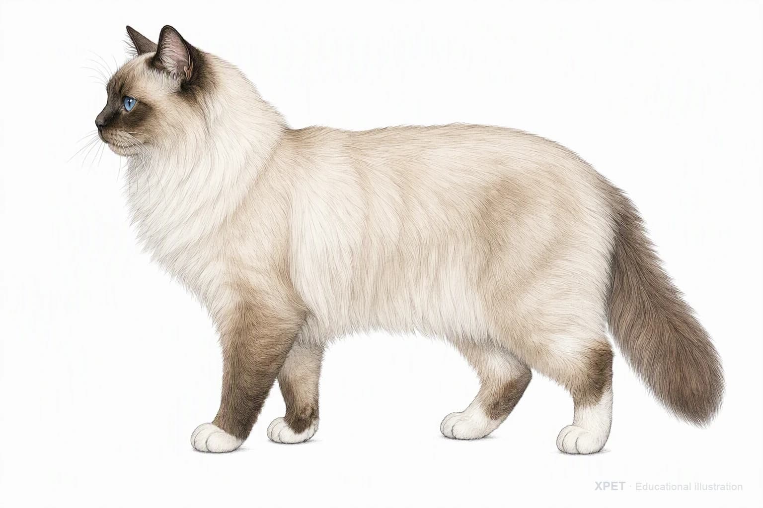 Original XPET engraving and watercolor illustration of Birman: an adult in left-facing profile.