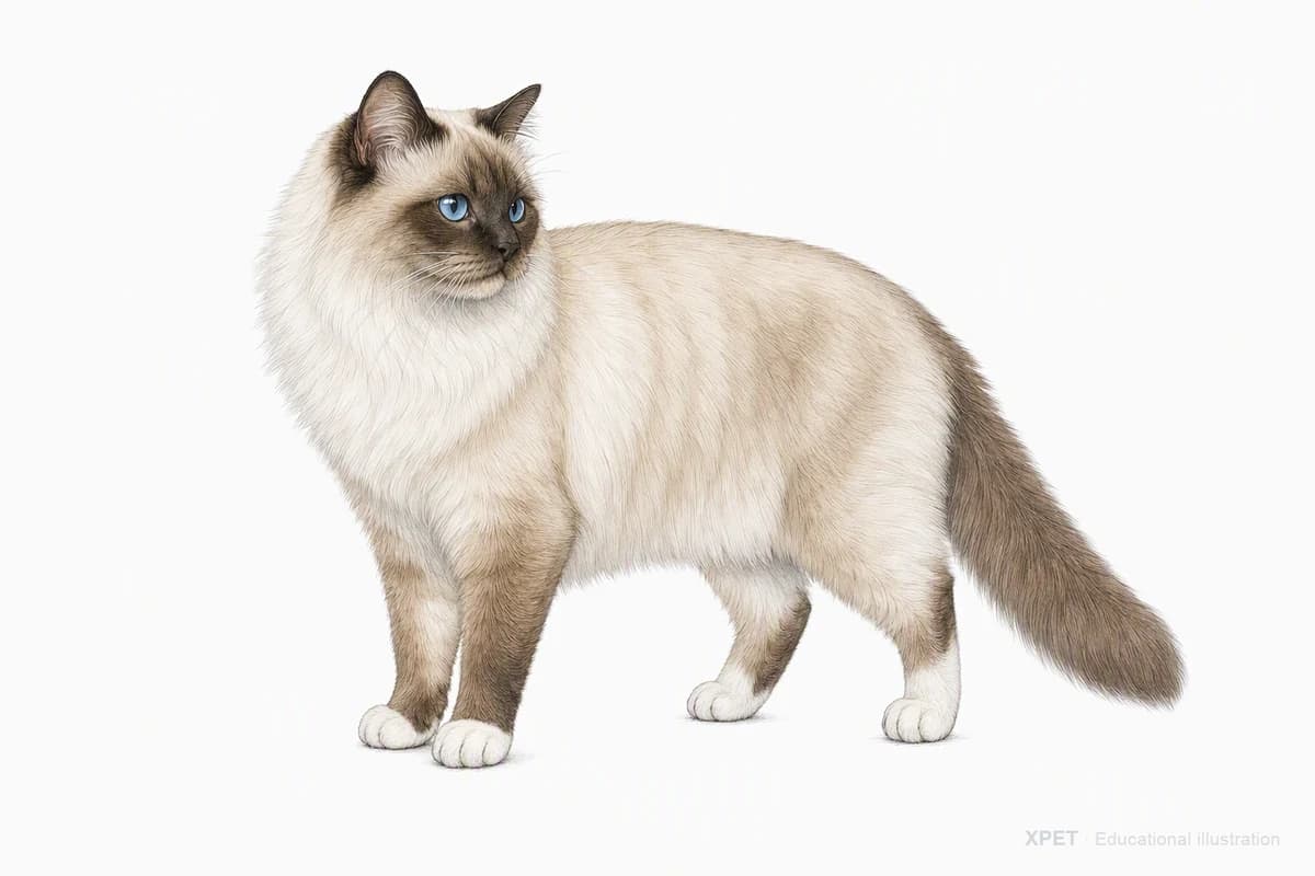 Original XPET engraving and watercolor illustration of Birman: a complete three-quarter standing view.