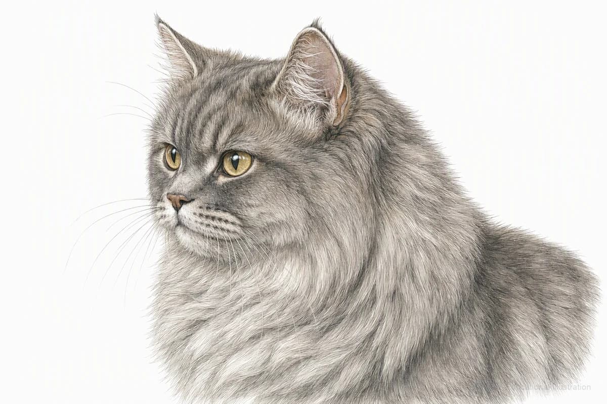 Original XPET engraving and watercolor illustration of British Longhair: a head and coat detail study.