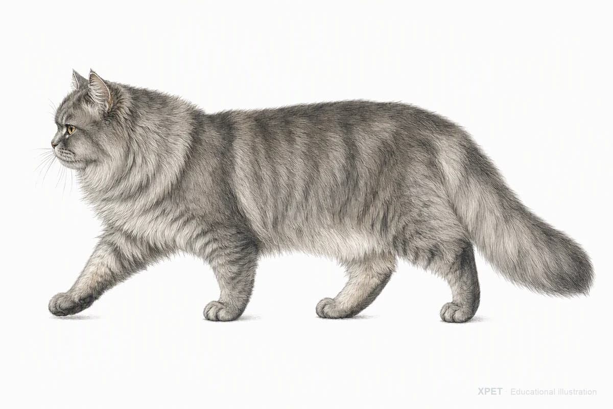 Original XPET engraving and watercolor illustration of British Longhair: a natural movement study.