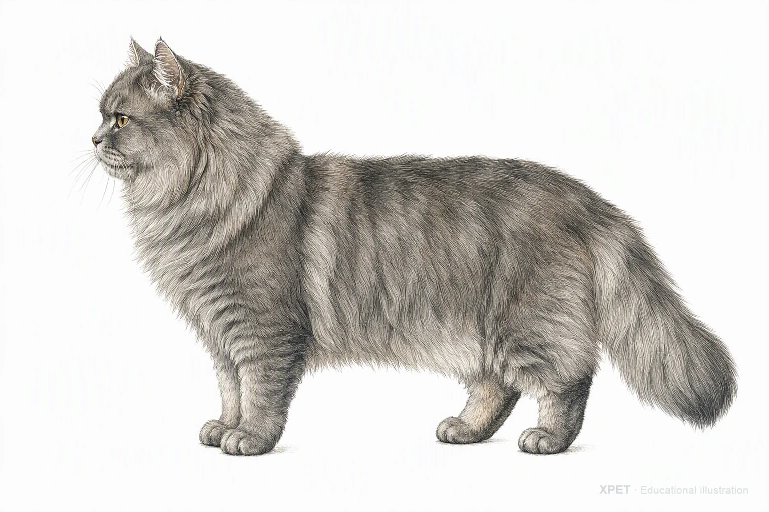 Original XPET engraving and watercolor illustration of British Longhair: an adult in left-facing profile.