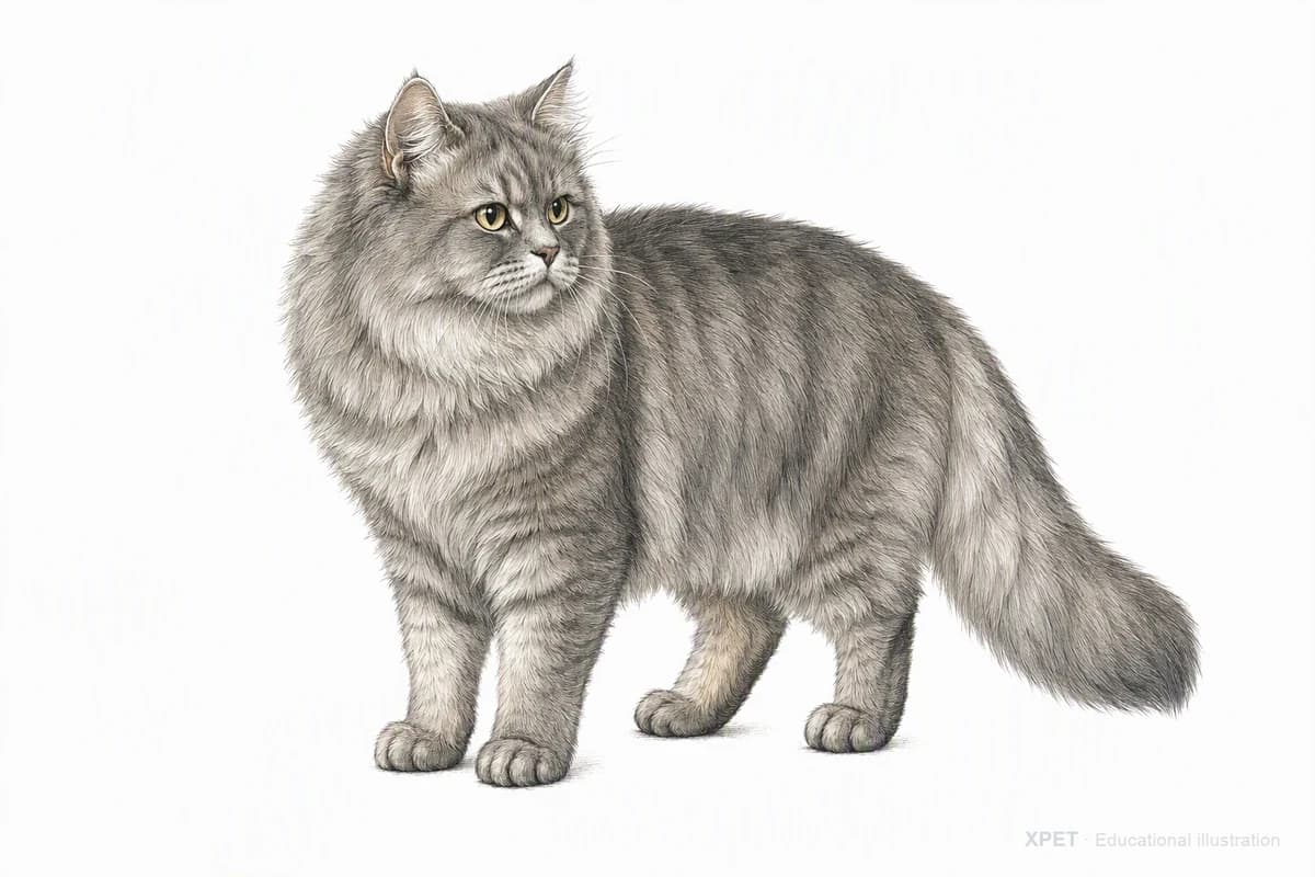 Original XPET engraving and watercolor illustration of British Longhair: a complete three-quarter standing view.