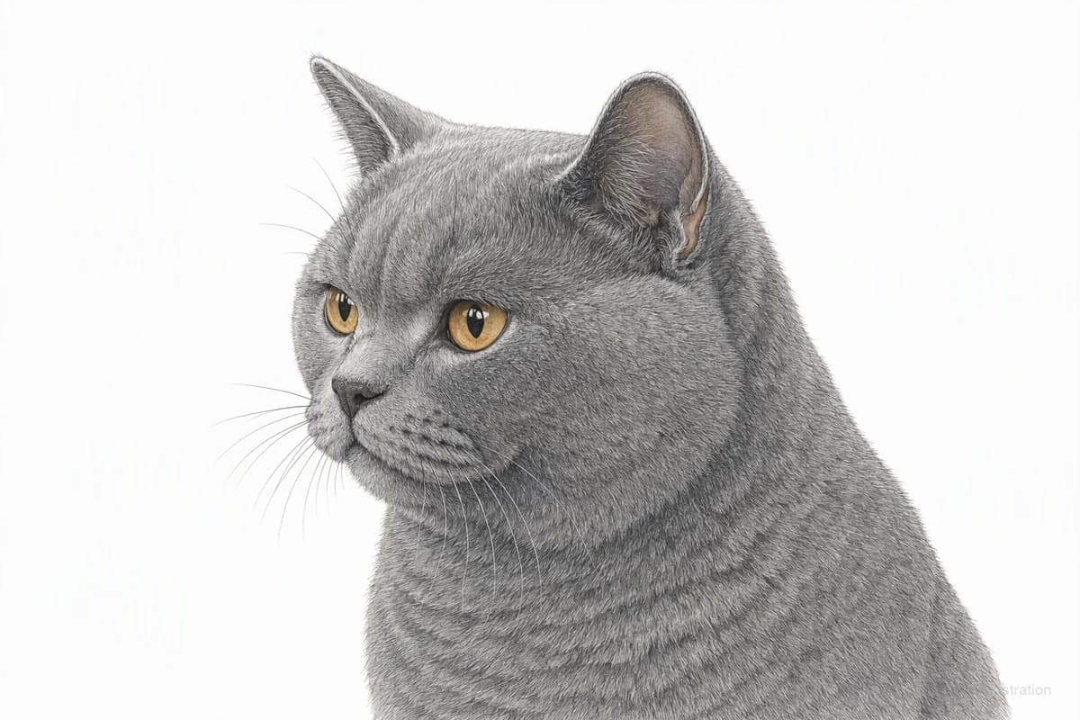 Original XPET engraving and watercolor illustration of British Shorthair: a head and coat detail study.