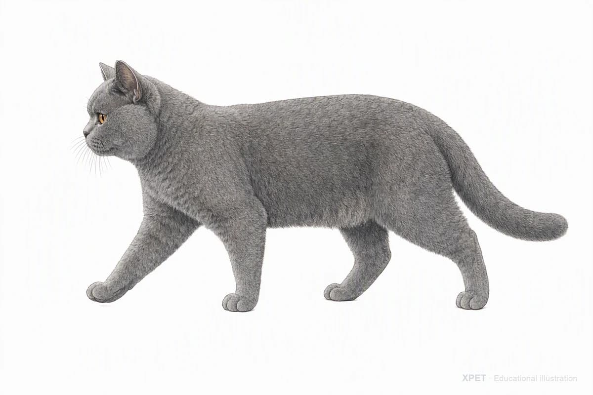 Original XPET engraving and watercolor illustration of British Shorthair: a natural movement study.