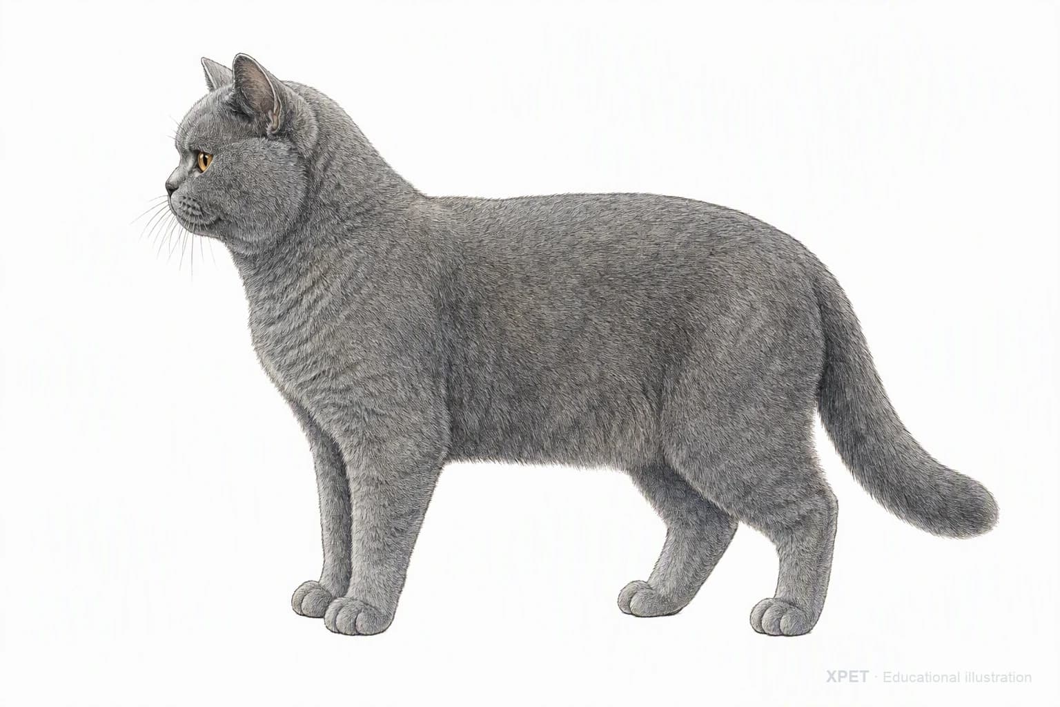 Original XPET engraving and watercolor illustration of British Shorthair: an adult in left-facing profile.
