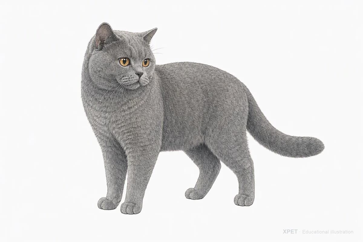 Original XPET engraving and watercolor illustration of British Shorthair: a complete three-quarter standing view.