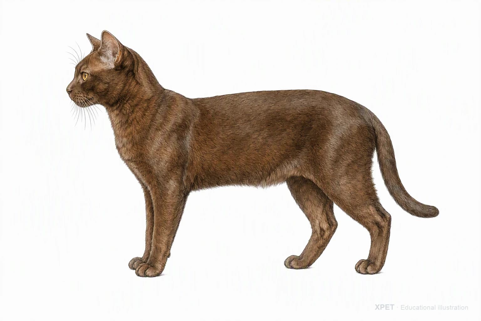 Original XPET engraving and watercolor illustration of Burmese: an adult in left-facing profile.