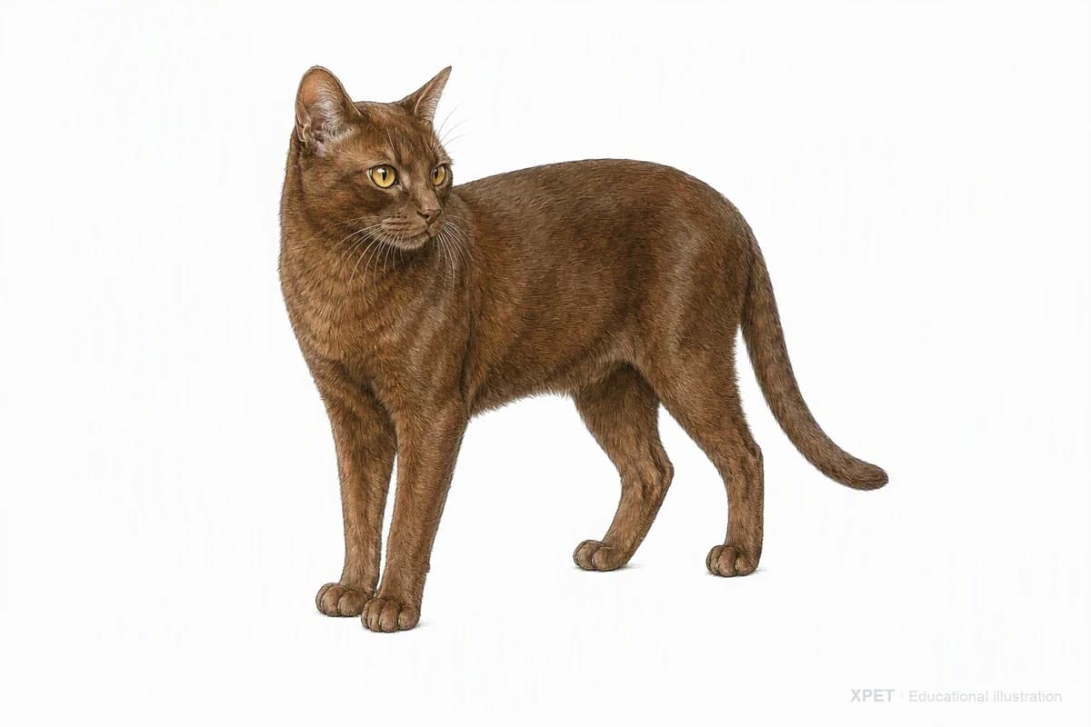 Original XPET engraving and watercolor illustration of Burmese: a complete three-quarter standing view.