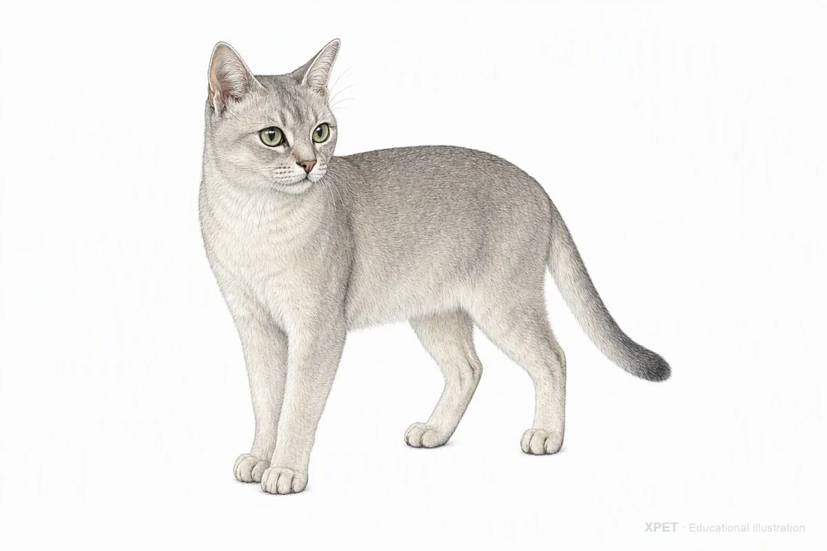 Original XPET engraving and watercolor illustration of Burmilla: a complete three-quarter standing view.
