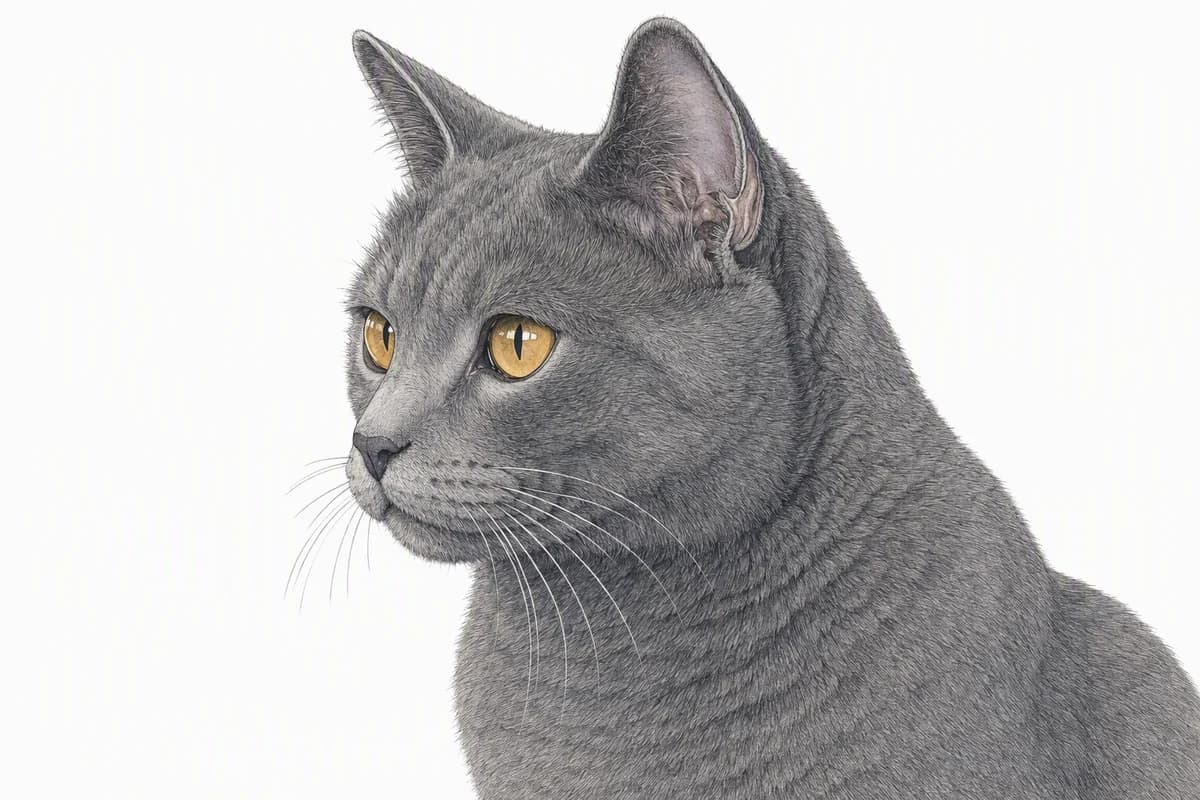 Original XPET engraving and watercolor illustration of Chartreux: a head and coat detail study.