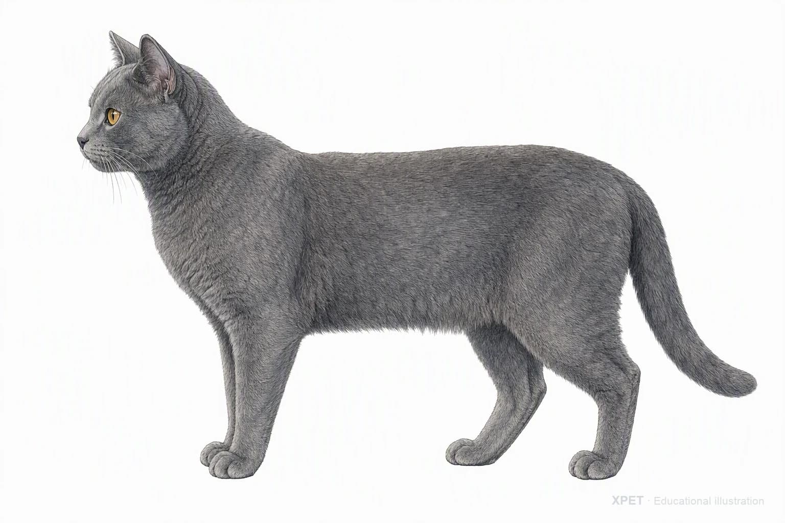 Original XPET engraving and watercolor illustration of Chartreux: an adult in left-facing profile.