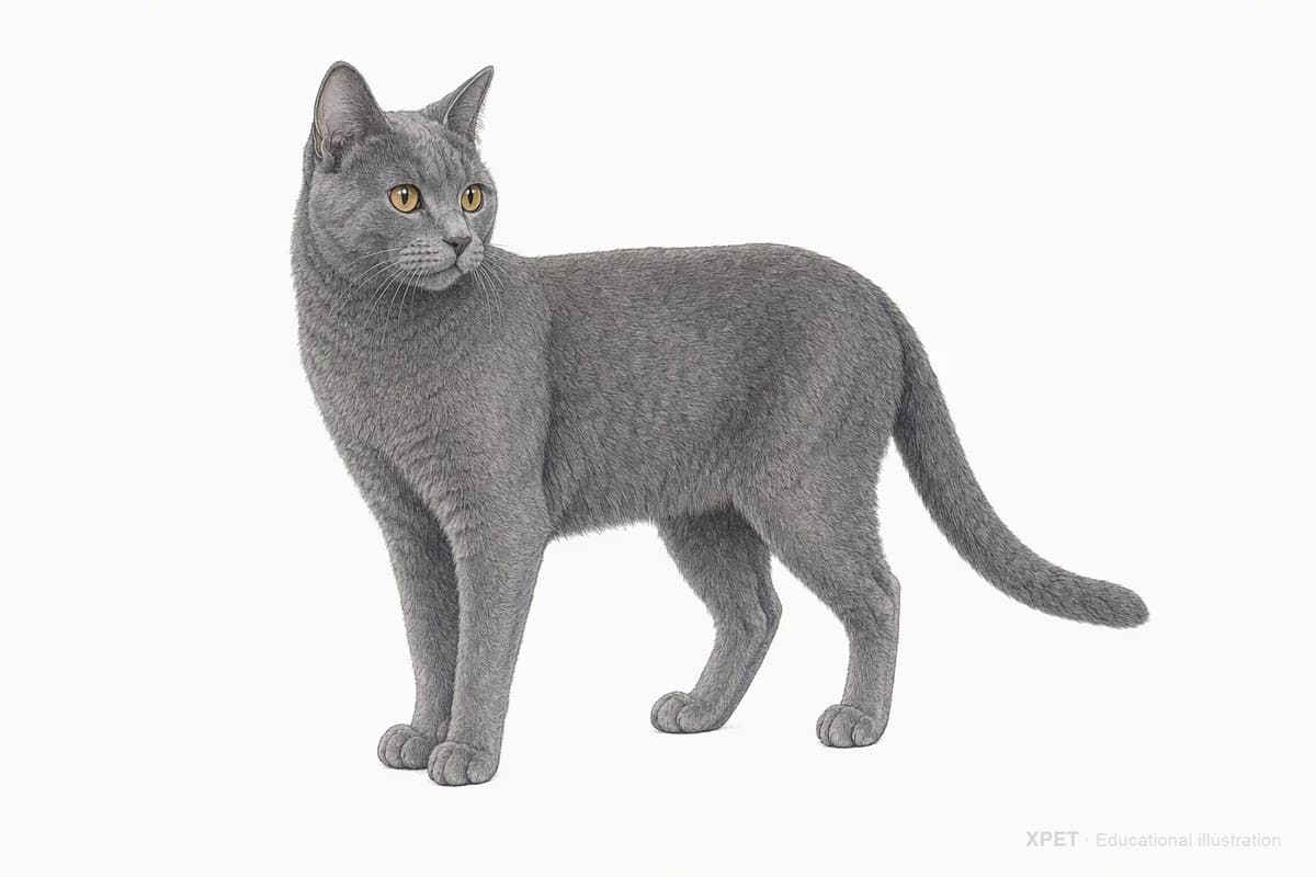 Original XPET engraving and watercolor illustration of Chartreux: a complete three-quarter standing view.
