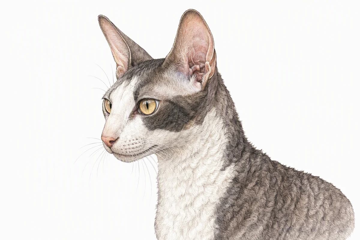 Original XPET engraving and watercolor illustration of Cornish Rex: a head and coat detail study.