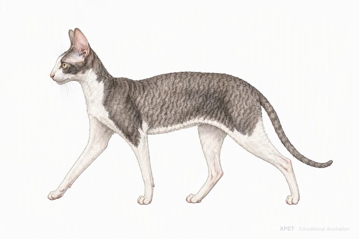 Original XPET engraving and watercolor illustration of Cornish Rex: a natural movement study.