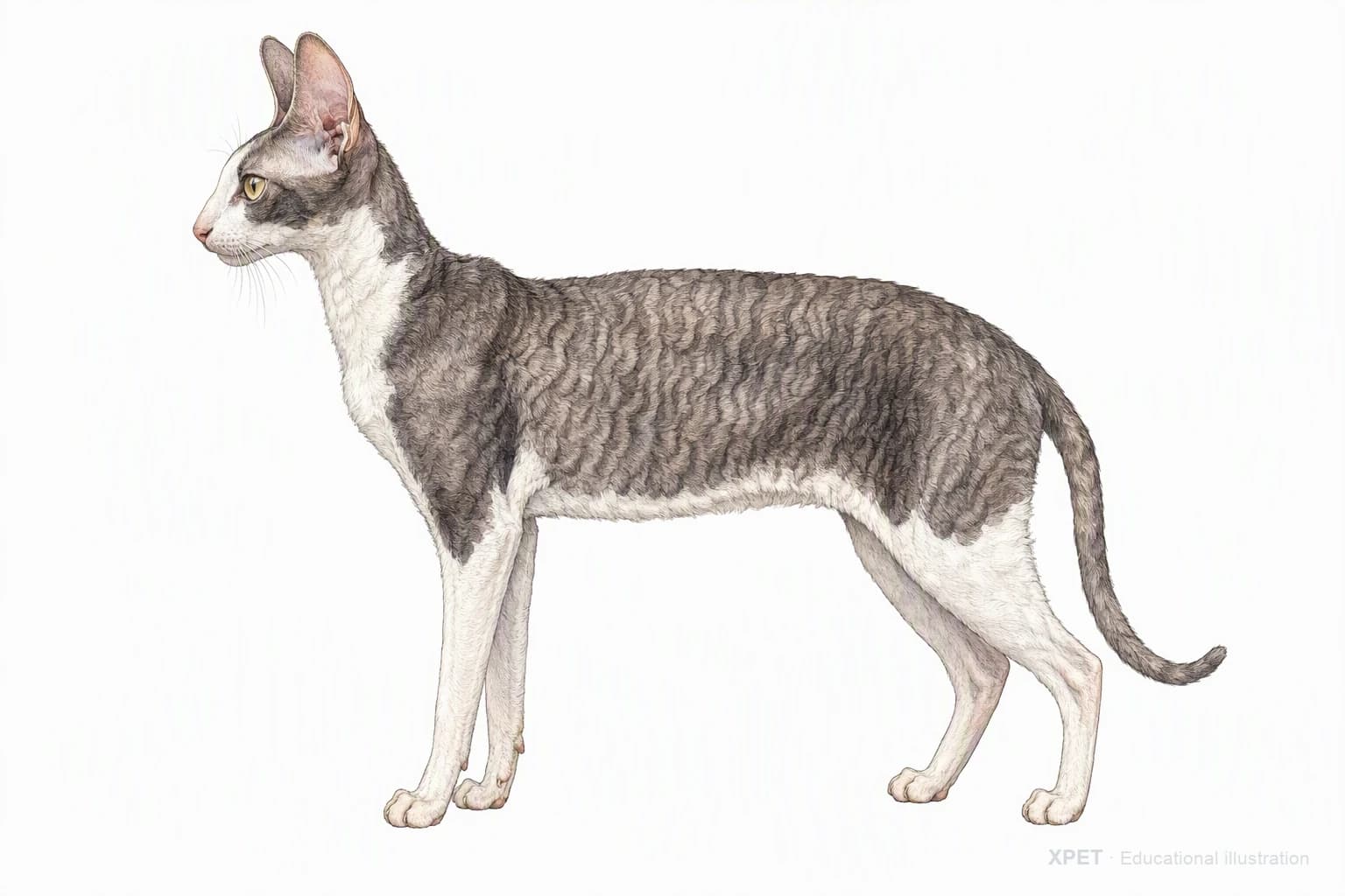 Original XPET engraving and watercolor illustration of Cornish Rex: an adult in left-facing profile.