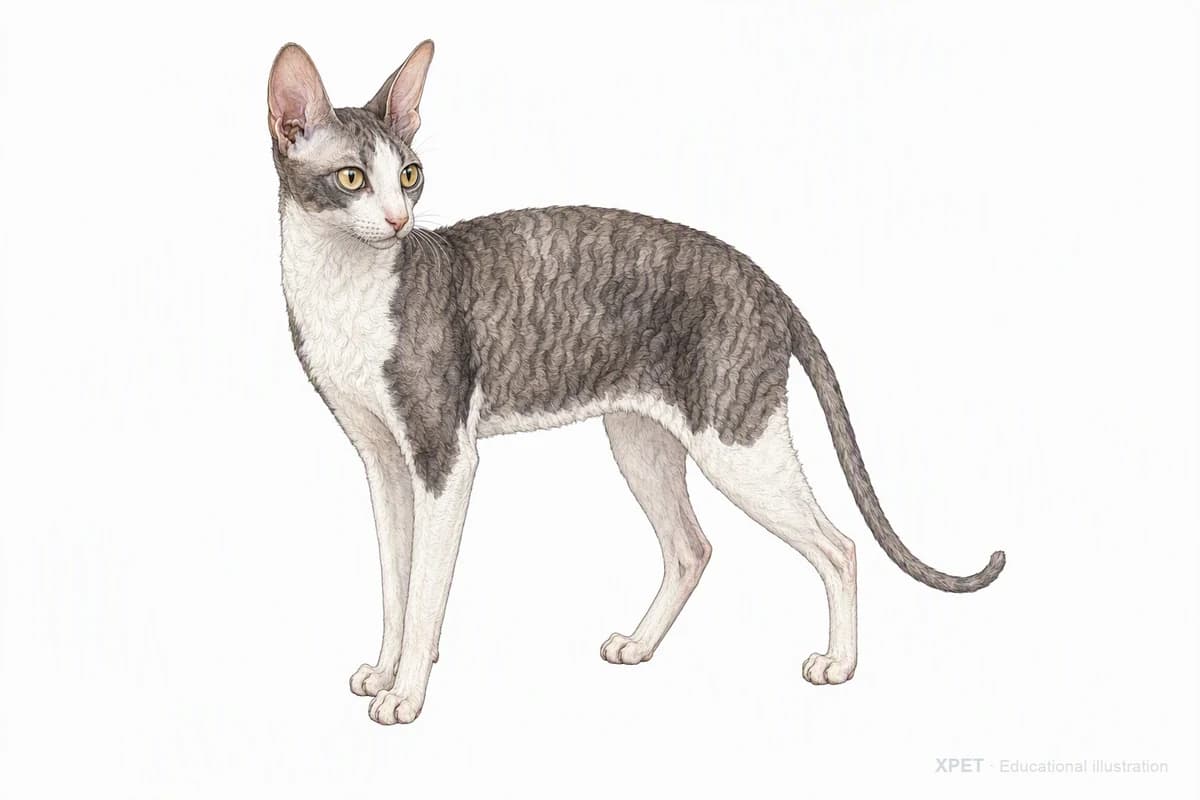 Original XPET engraving and watercolor illustration of Cornish Rex: a complete three-quarter standing view.