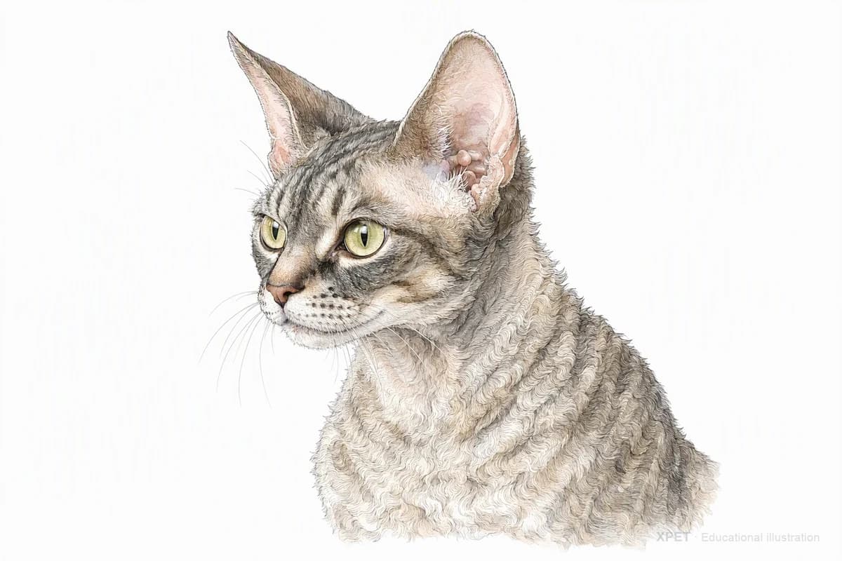 Original XPET engraving and watercolor illustration of Devon Rex: a head and coat detail study.
