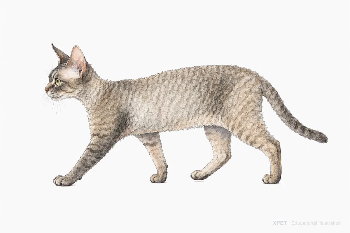 Original XPET engraving and watercolor illustration of Devon Rex: a natural movement study.