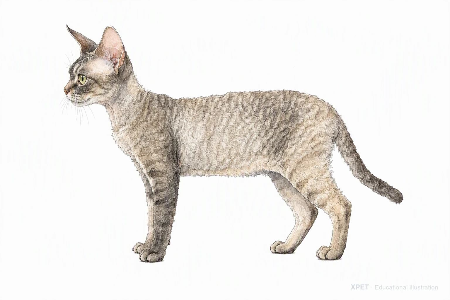 Original XPET engraving and watercolor illustration of Devon Rex: an adult in left-facing profile.