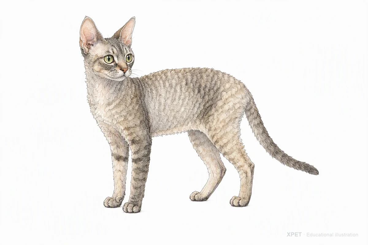 Original XPET engraving and watercolor illustration of Devon Rex: a complete three-quarter standing view.