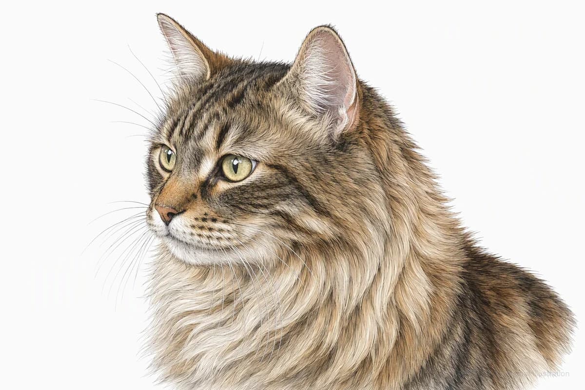Original XPET engraving and watercolor illustration of Domestic Longhair: a head and coat detail study.