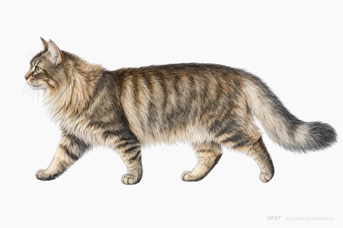 Original XPET engraving and watercolor illustration of Domestic Longhair: a natural movement study.
