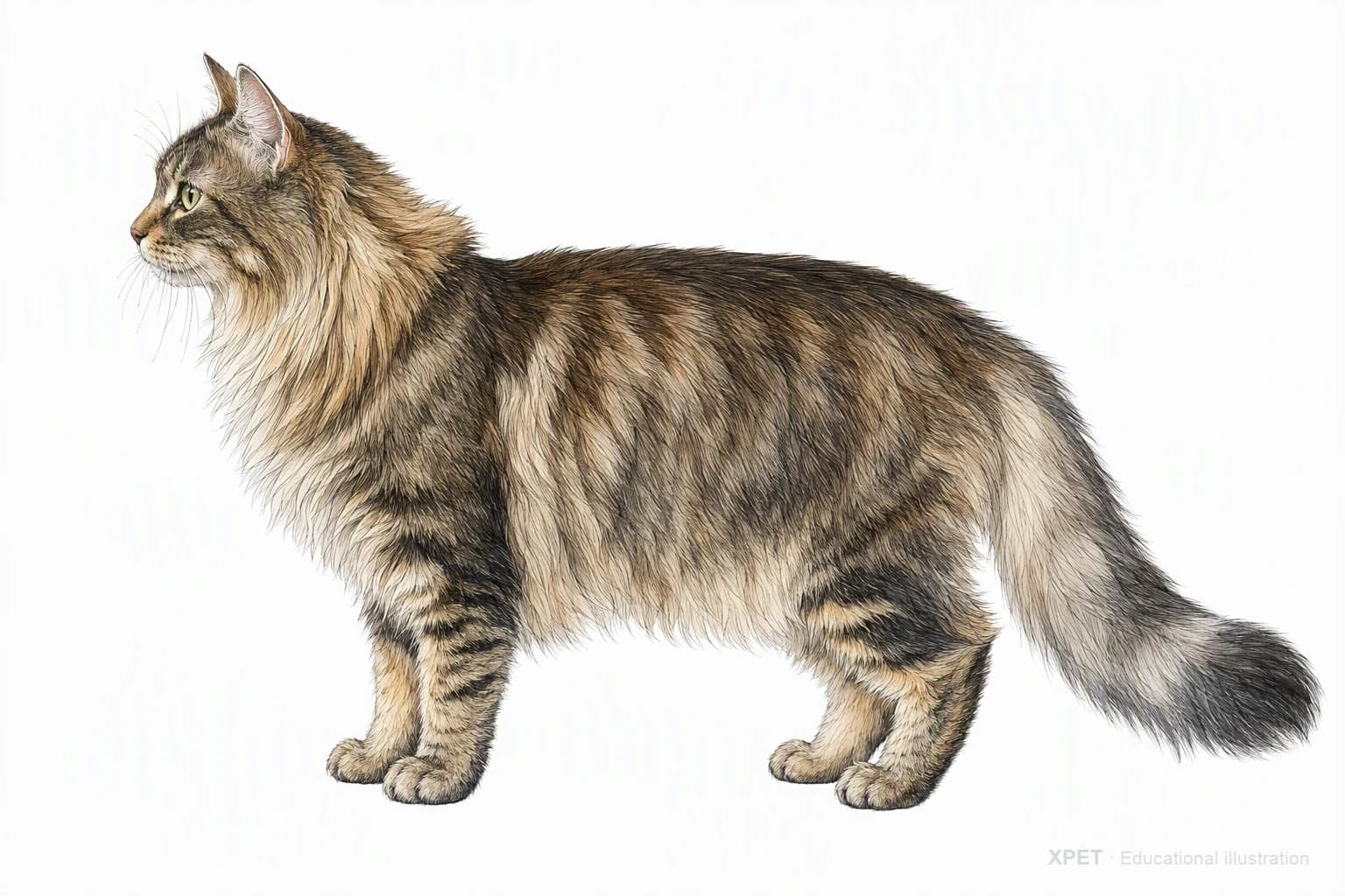 Original XPET engraving and watercolor illustration of Domestic Longhair: an adult in left-facing profile.