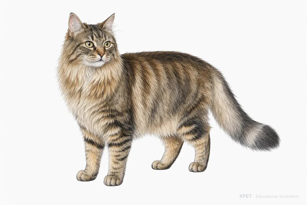 Original XPET engraving and watercolor illustration of Domestic Longhair: a complete three-quarter standing view.