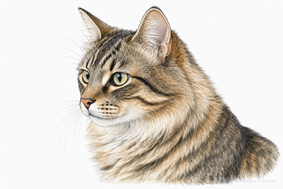 Original XPET engraving and watercolor illustration of Domestic Mediumhair: a head and coat detail study.
